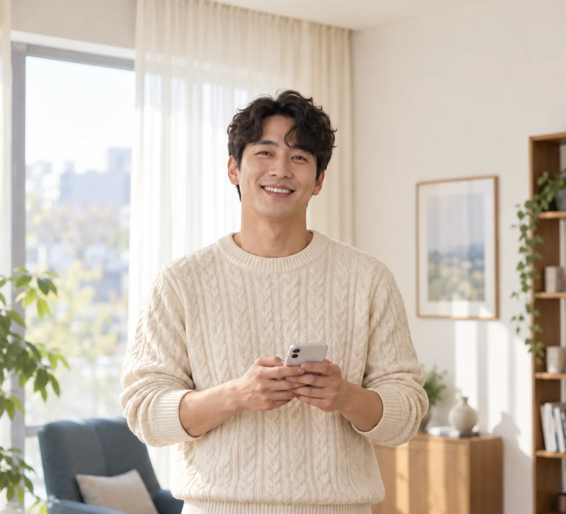 밝은 거실에서 휴대전화로 상담하며 웃는 고객